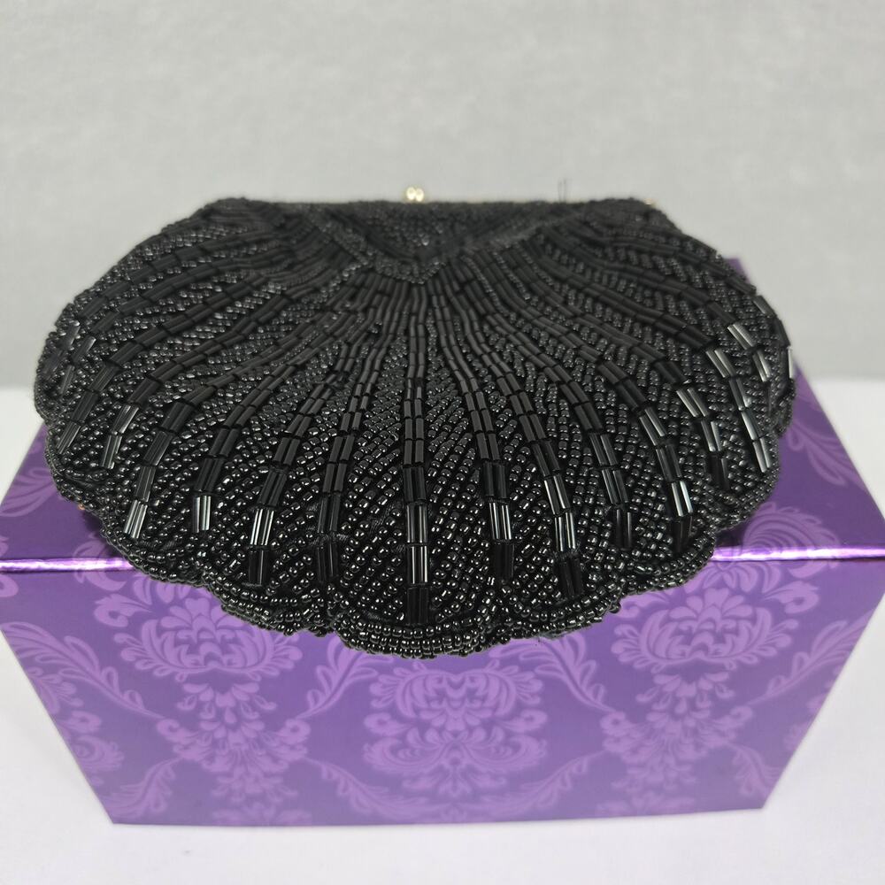 Antique Art Deco Black Beaded Clamshell Clutch Purse Snap Closure Chain Strap - Picture 6 of 14